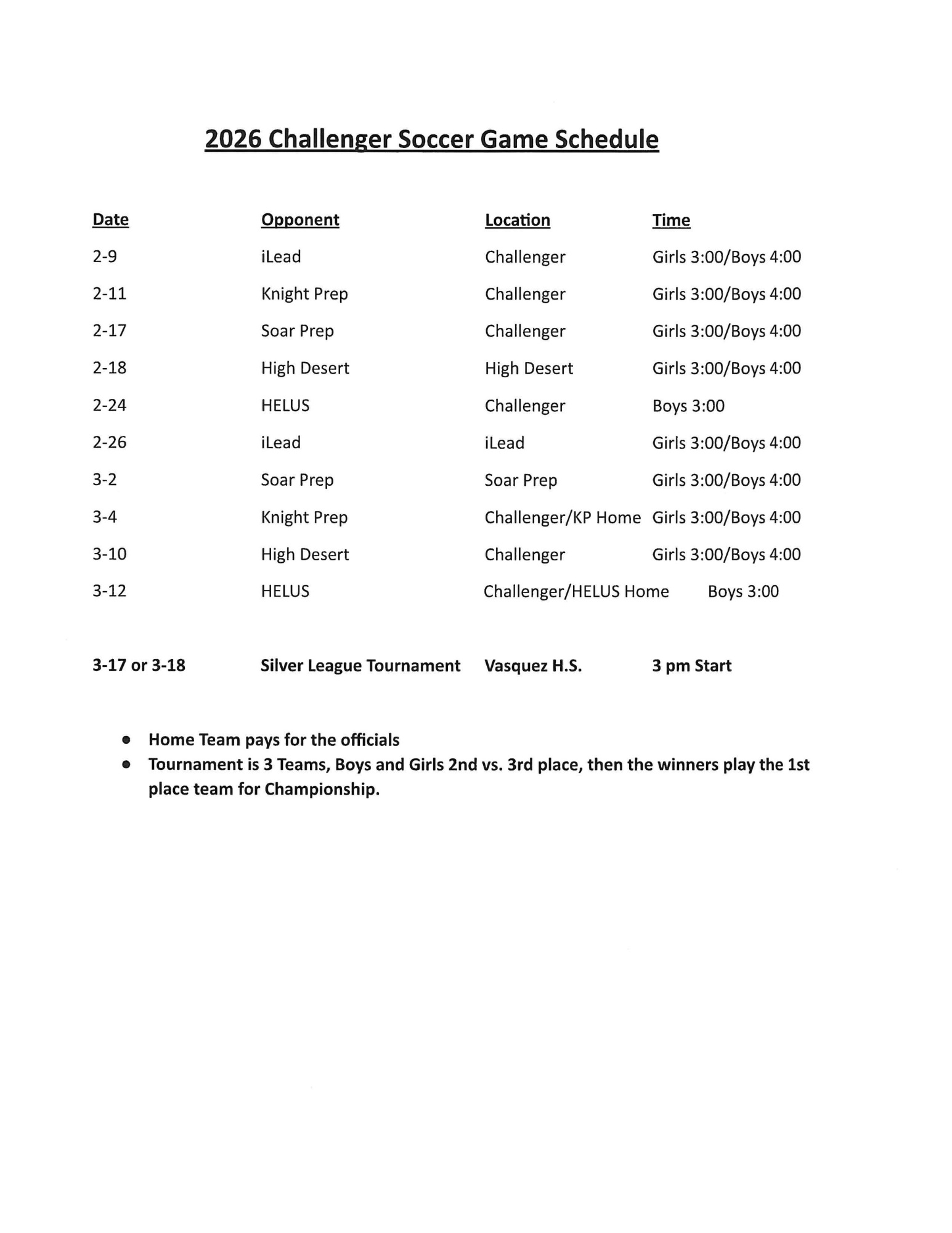 Girls & Boys Soccer Game Schedule